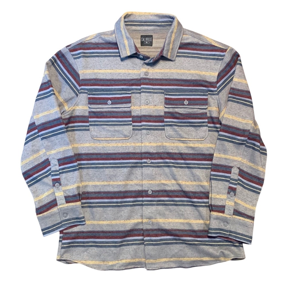 Caliville Mens XL Long Sleeve Butto-Up Shirt Grey Striped Knit